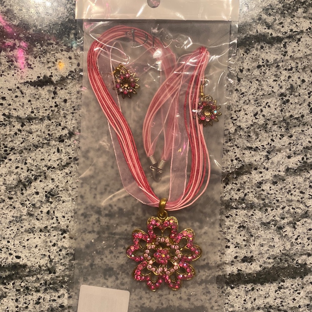 Pink Floral Pendant Necklace and Earrings